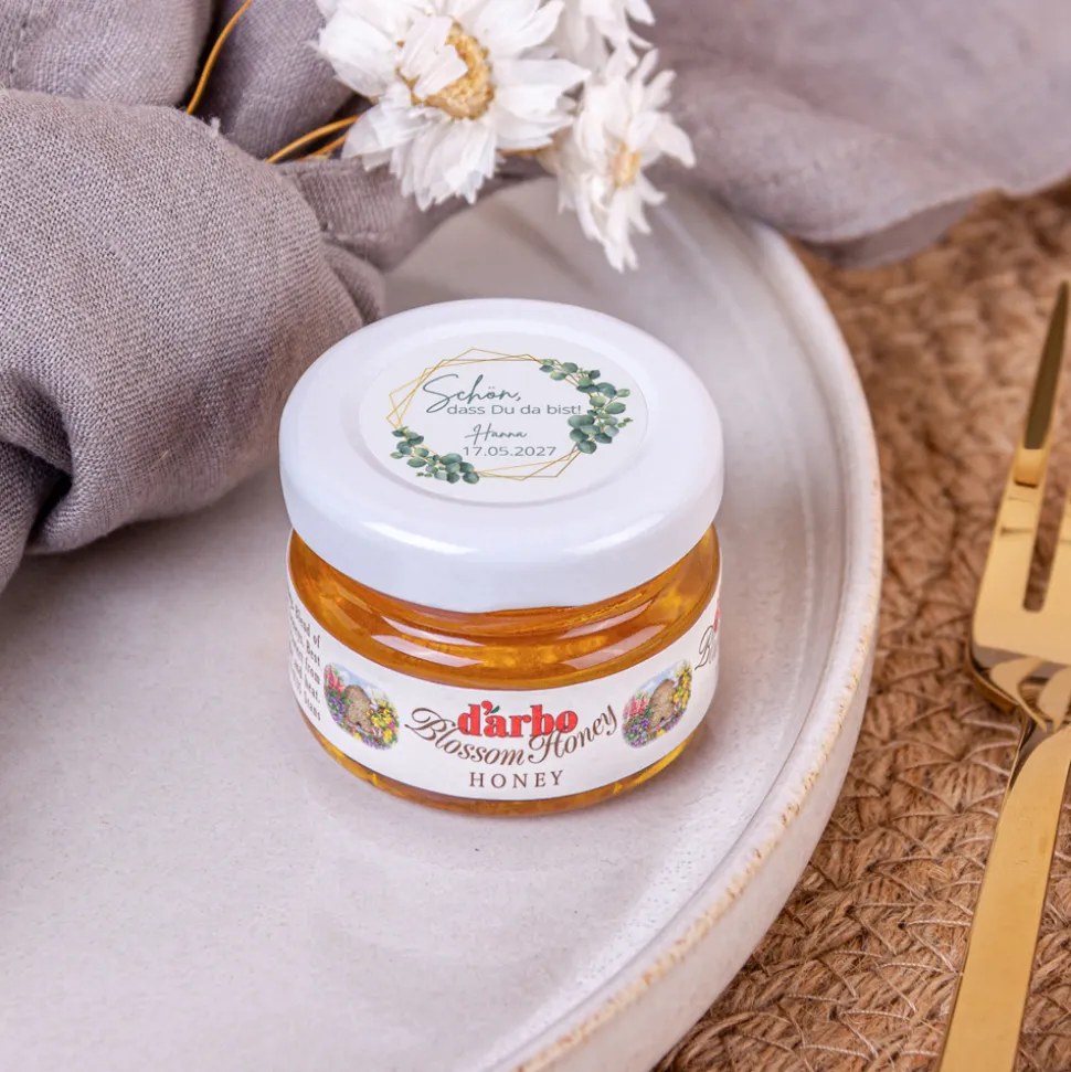 Gastgeschenk Blütenhonig mit Aufkleber "Eukalyptus Geometrie"