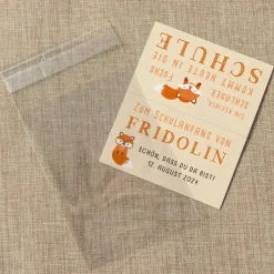 Gastgeschenk Einschulung Tüte transparent + Etikett schlauer Fuchs