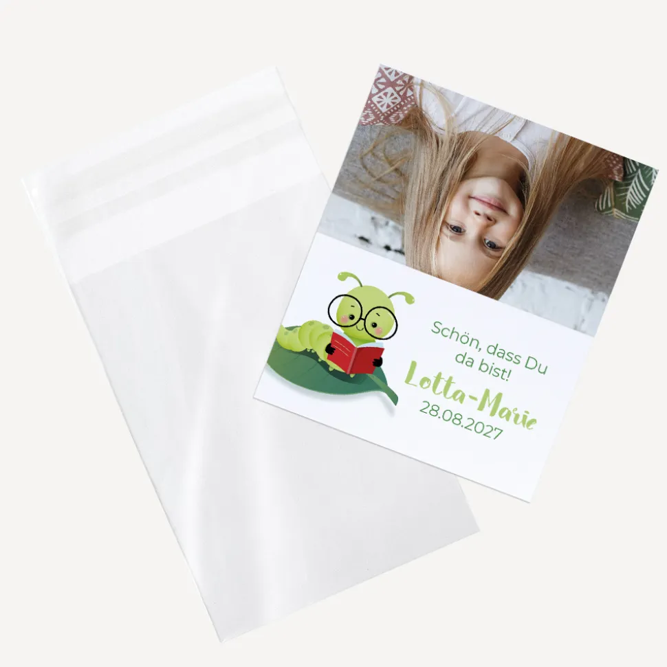 Gastgeschenk Einschulung Tüte transparent + Etikett "Bücherwurm"