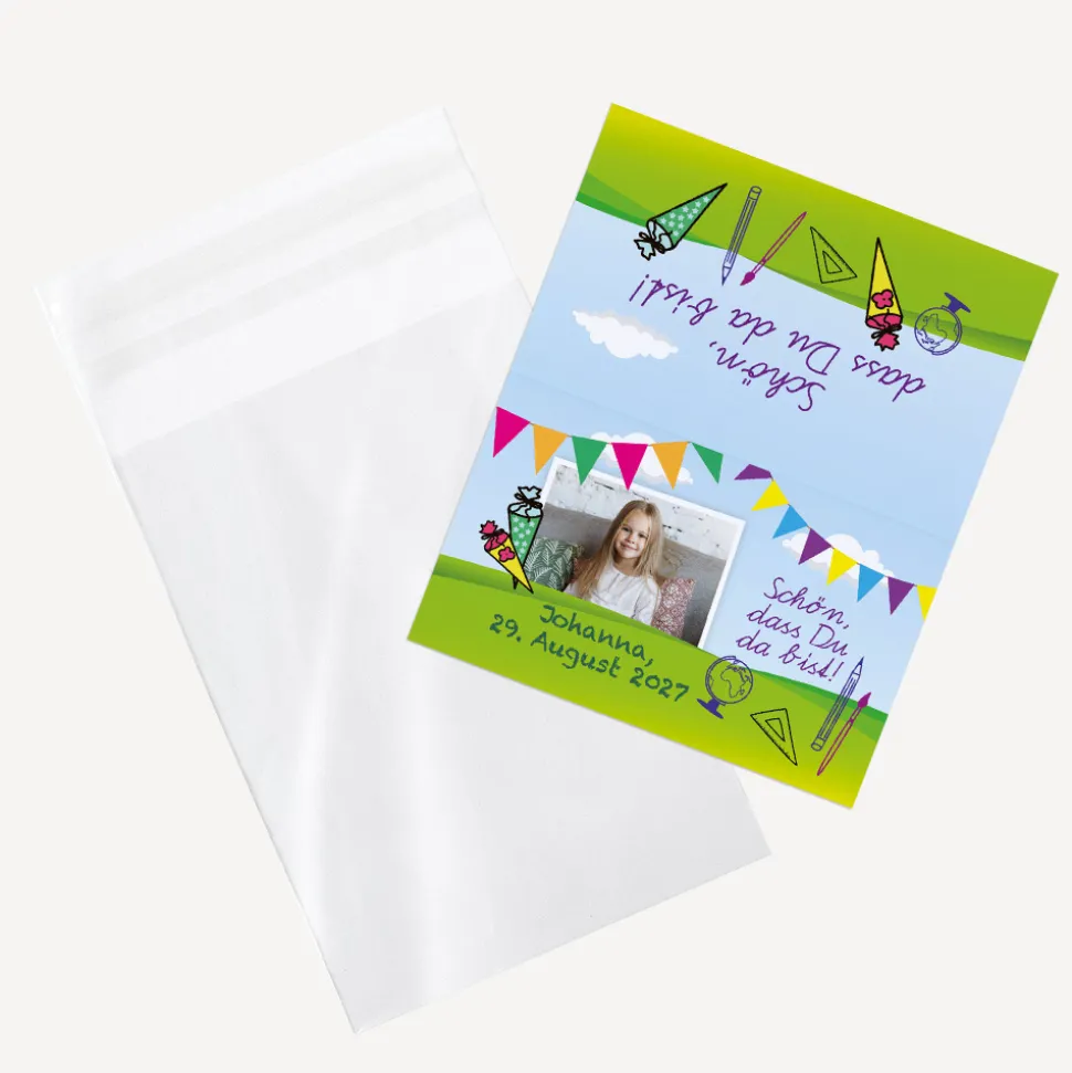Gastgeschenk Einschulung Tüte transparent mit Etikett "Zuckertüte"