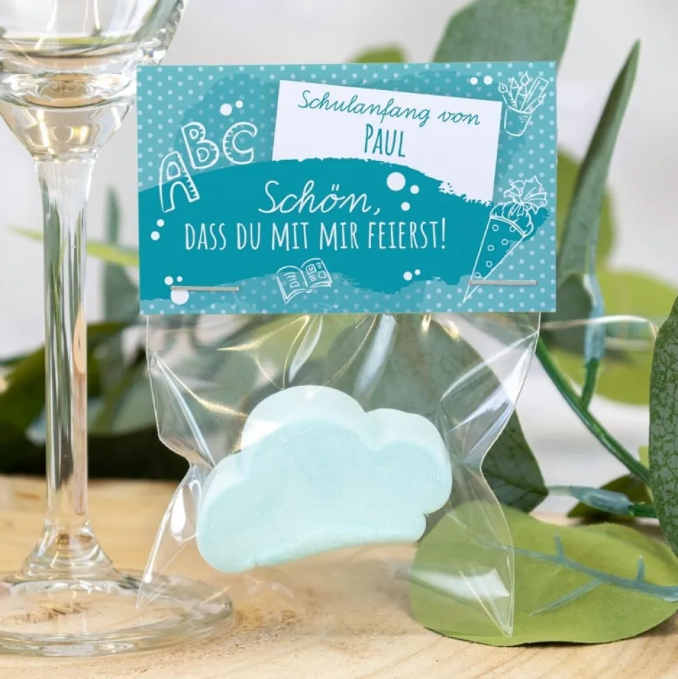 Gastgeschenk Einschulung Tüte transparent + Etikett "Farbklecks"