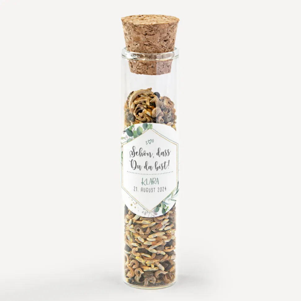 Gastgeschenk Glasröhrchen mit Korken und Aufkleber "Aquarell Eukalyptus Zweige"