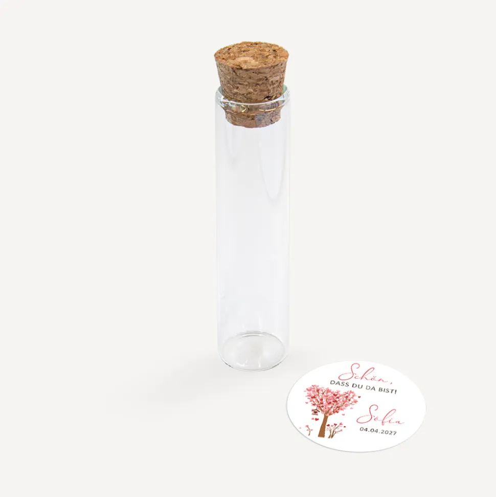 Gastgeschenk Glasröhrchen mit Korken und Aufkleber "Baum Herzen"