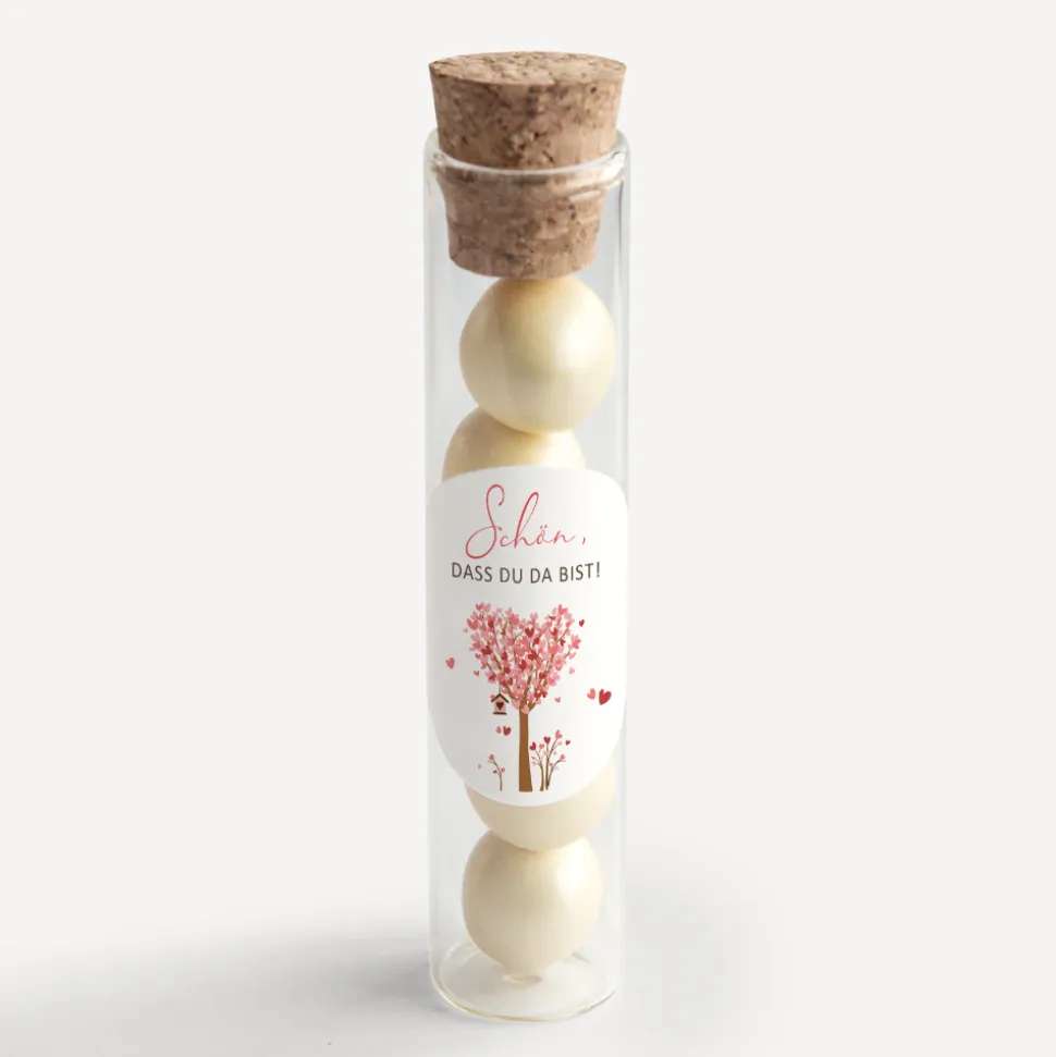 Gastgeschenk Glasröhrchen mit Korken und Aufkleber "Baum Herzen"