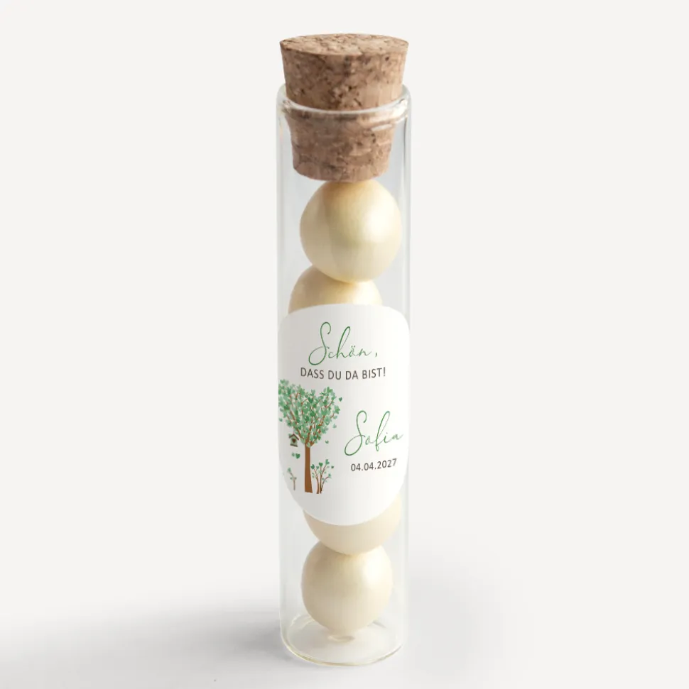 Gastgeschenk Glasröhrchen mit Korken und Aufkleber "Baum Herzen"