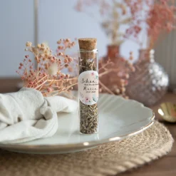 Gastgeschenk Glasröhrchen mit Korken und Aufkleber "Schmetterlinge"