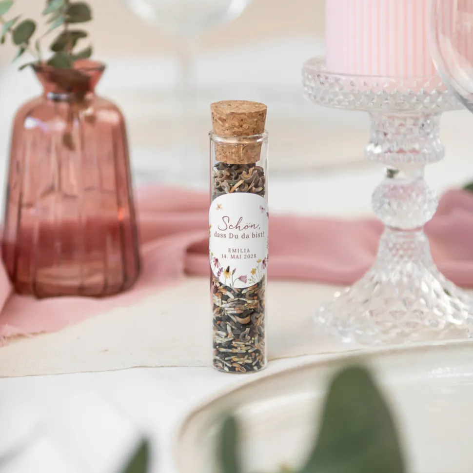 Gastgeschenk Glasröhrchen mit Korken und Aufkleber "Wildromantische Blüten""
