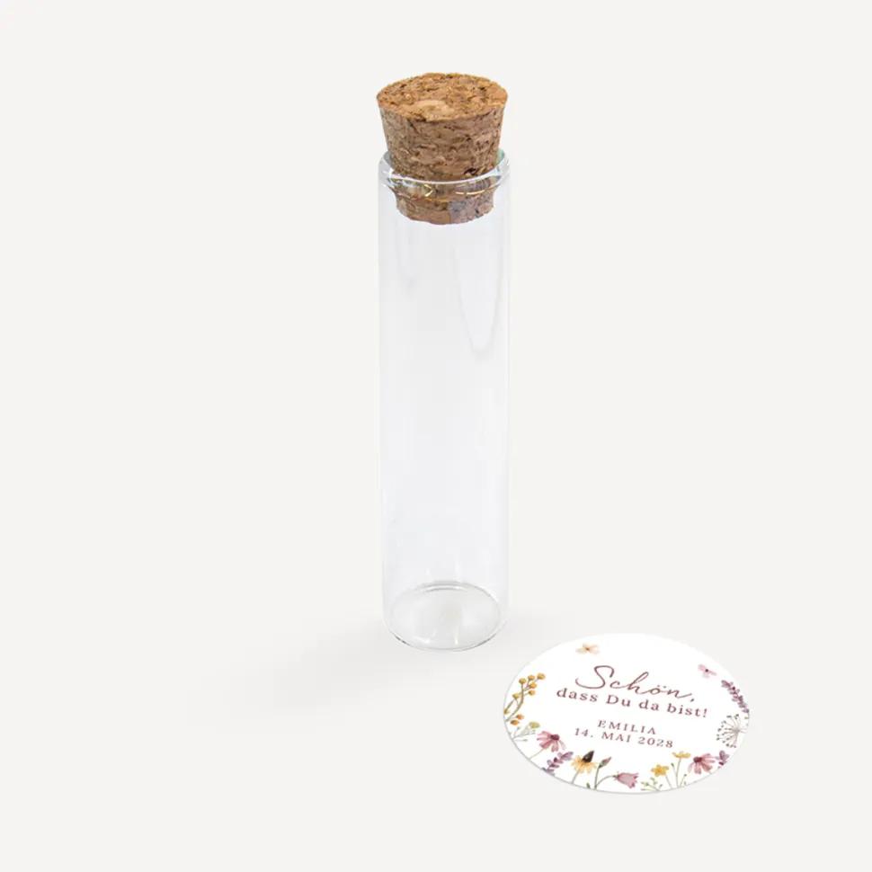Gastgeschenk Glasröhrchen mit Korken und Aufkleber "Wildromantische Blüten""