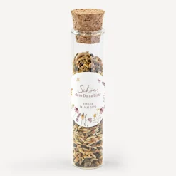 Gastgeschenk Glasröhrchen mit Korken und Aufkleber