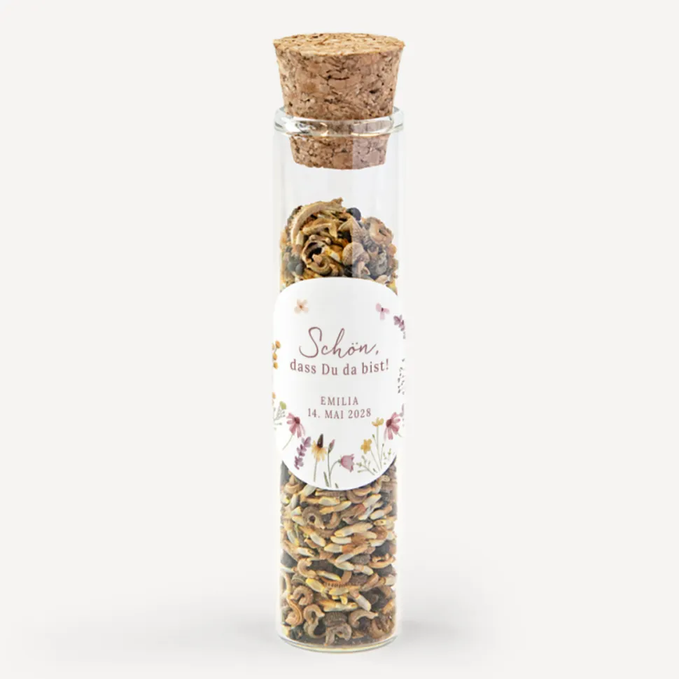 Gastgeschenk Glasröhrchen mit Korken und Aufkleber "Wildromantische Blüten""