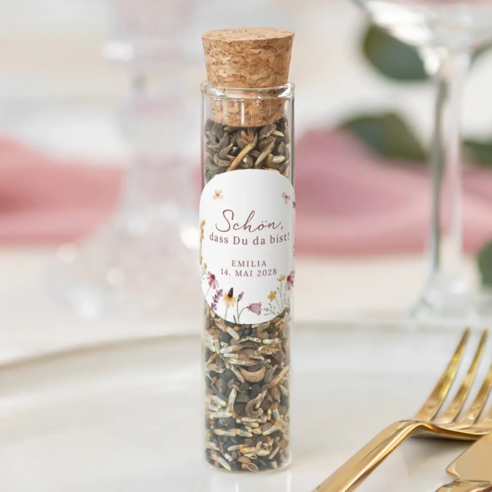 Gastgeschenk Glasröhrchen mit Korken und Aufkleber "Wildromantische Blüten""