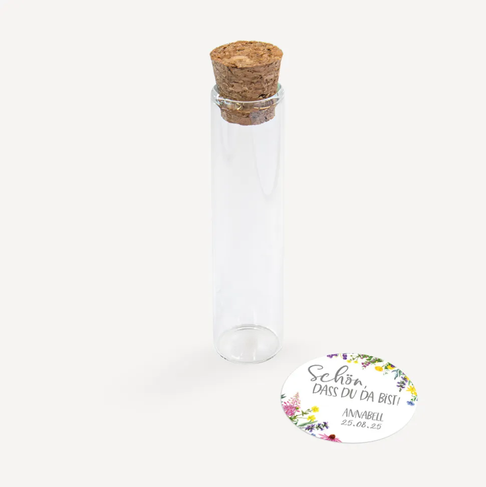 Gastgeschenk Glasröhrchen mit Korken und Aufkleber "Wildblumen"