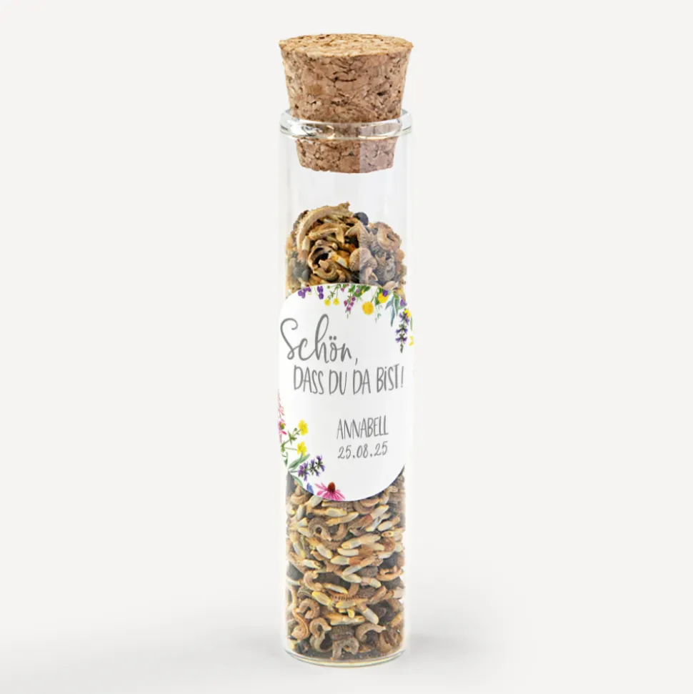 Gastgeschenk Glasröhrchen mit Korken und Aufkleber "Wildblumen"