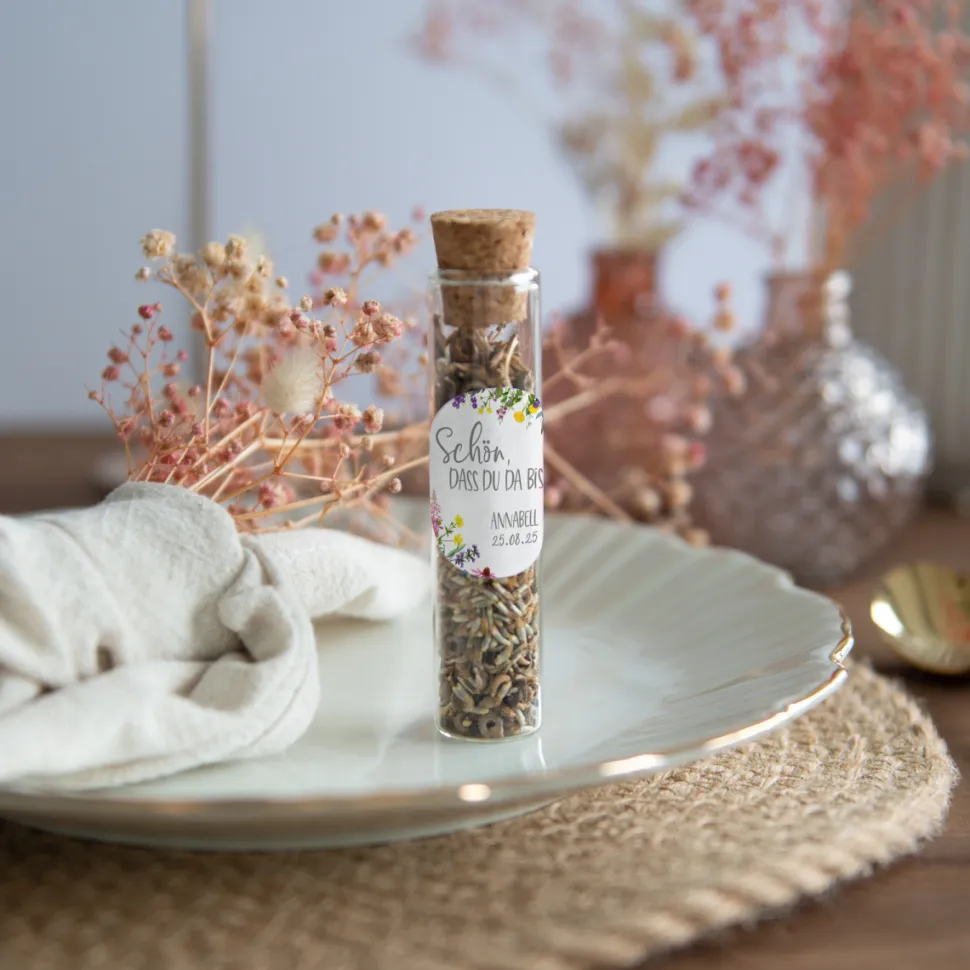 Gastgeschenk Glasröhrchen mit Korken und Aufkleber "Wildblumen"