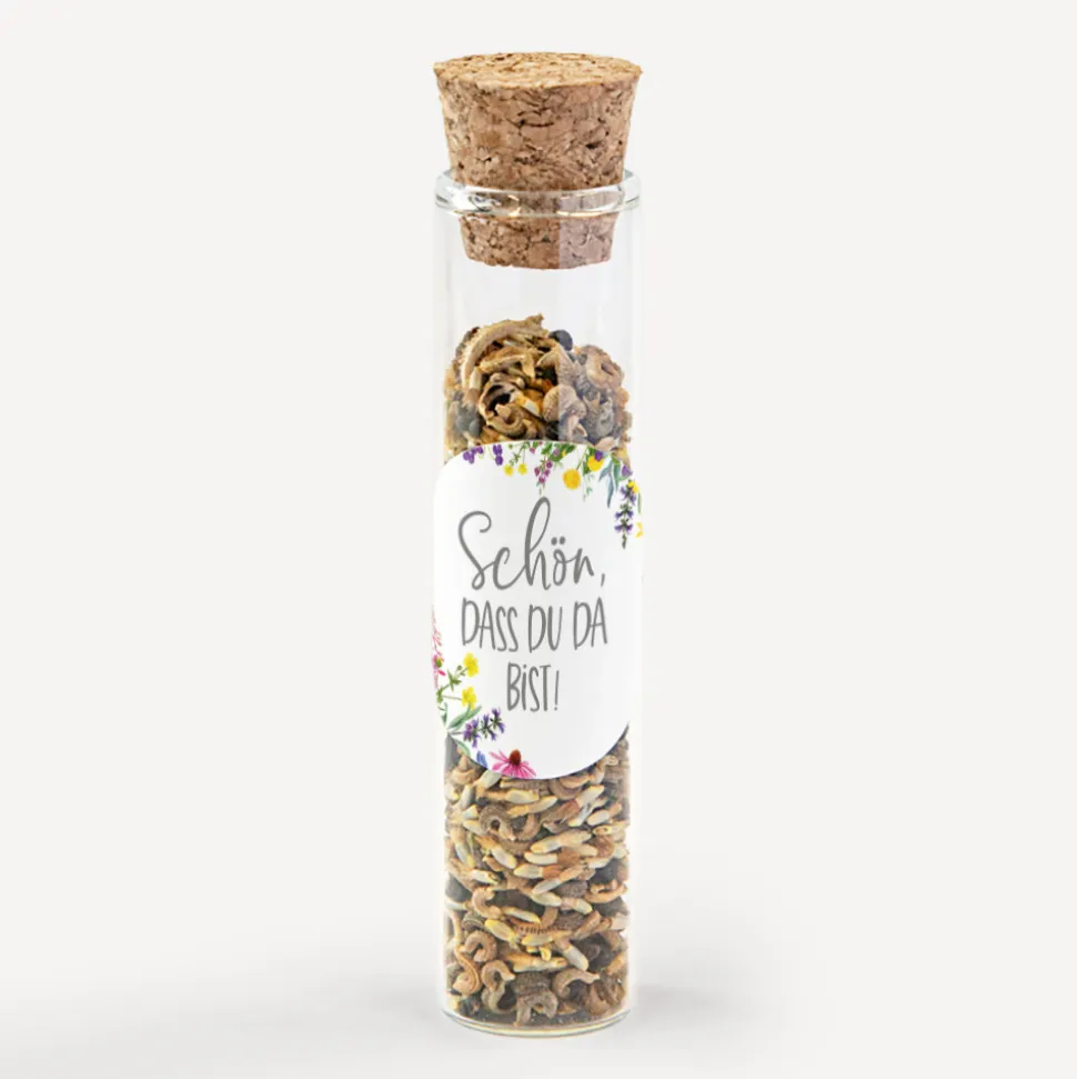 Gastgeschenk Glasröhrchen mit Korken und Aufkleber "Wildblumen"