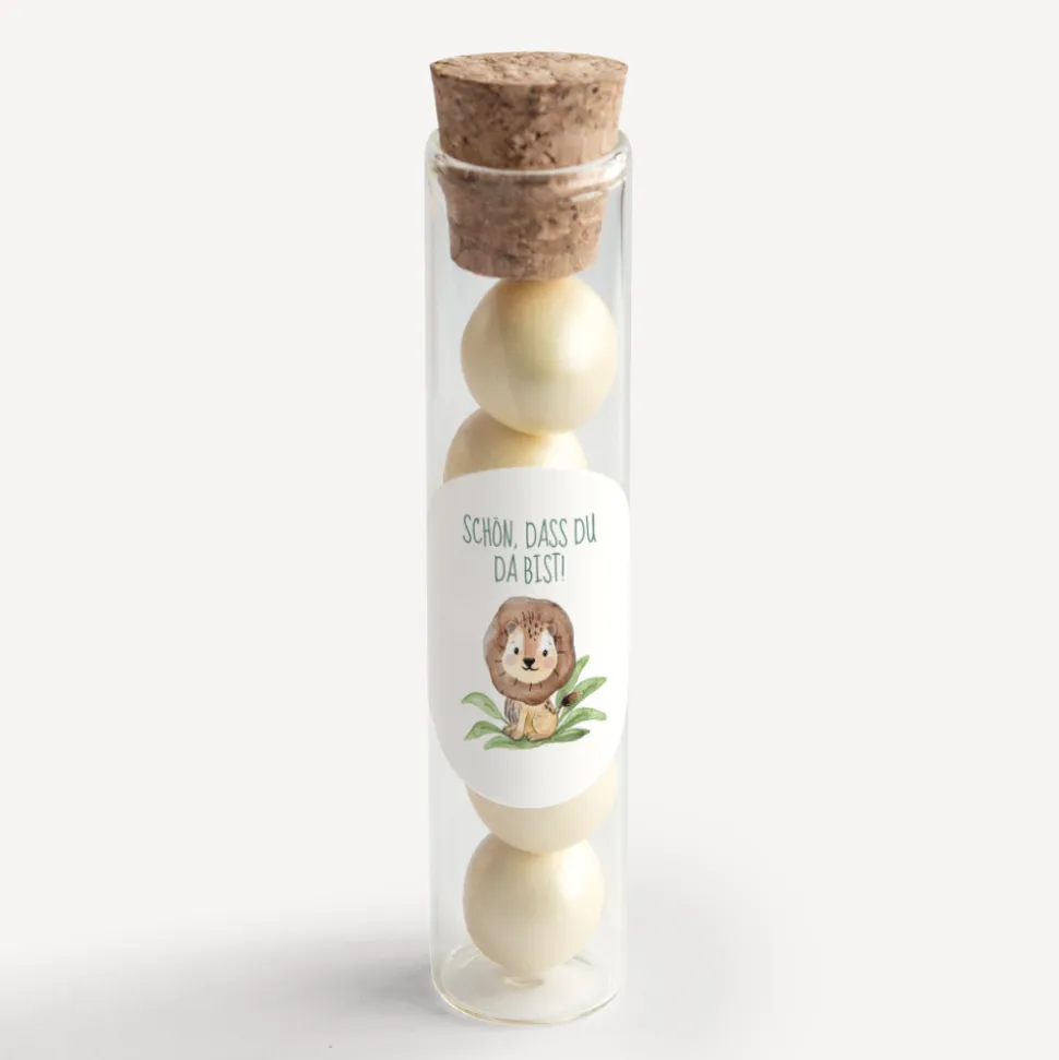 Gastgeschenk Glasröhrchen mit Korken und Aufkleber "Löwe Leo"