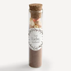 Gastgeschenk Glasröhrchen mit Korken und Aufkleber