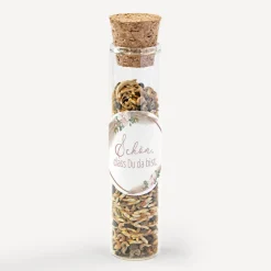 Gastgeschenk Glasröhrchen mit Korken und Aufkleber