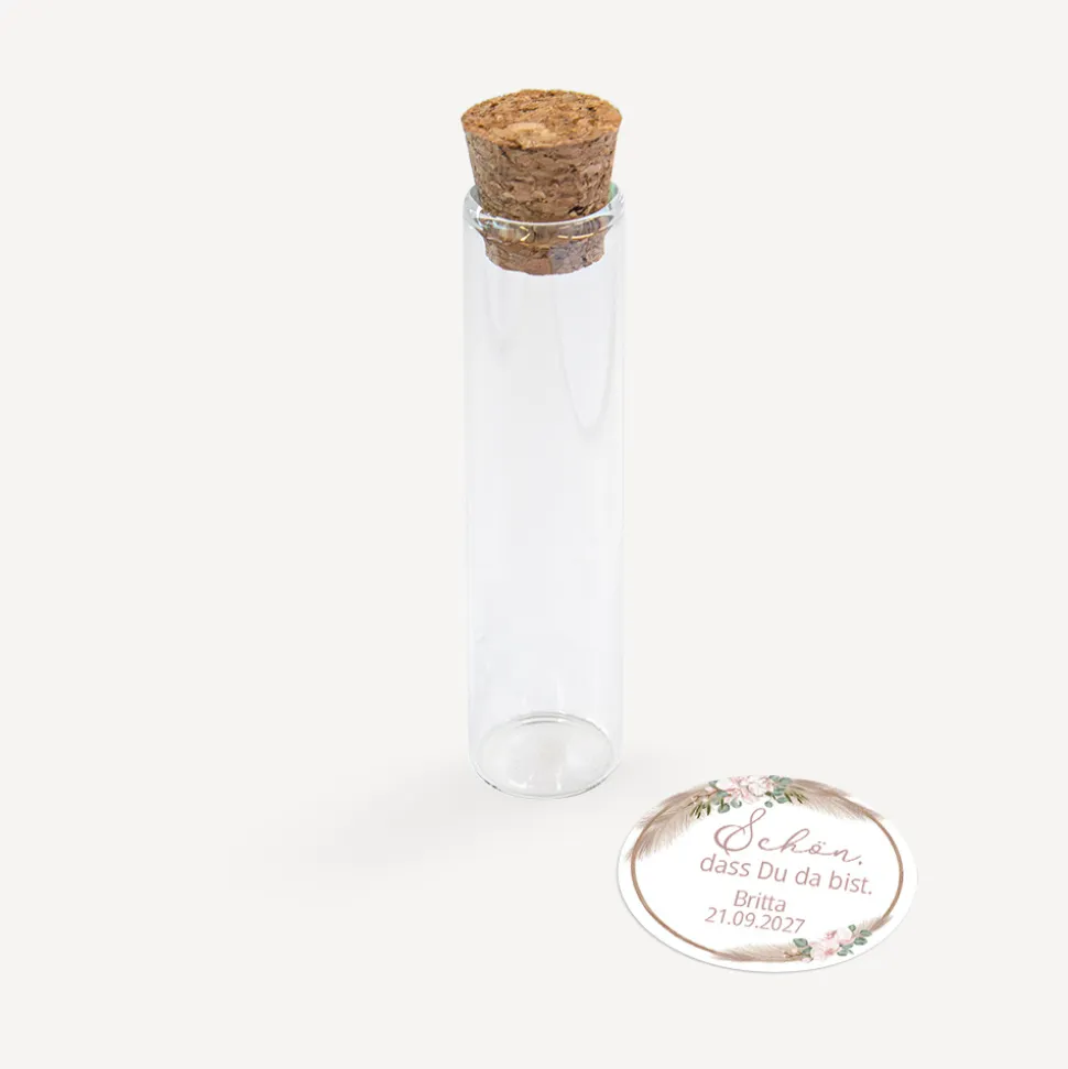 Gastgeschenk Glasröhrchen mit Korken und Aufkleber "Boho Pampas"