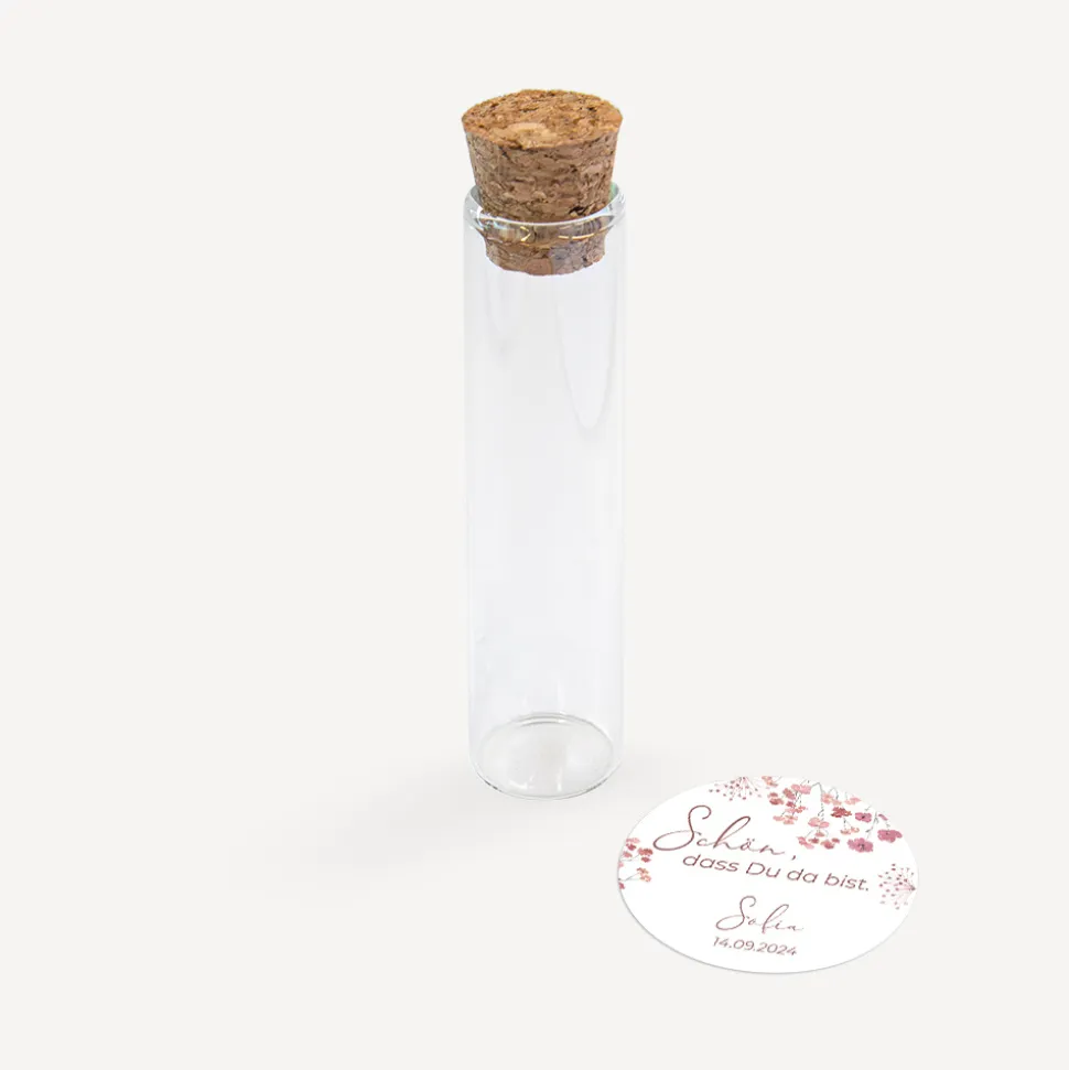 Gastgeschenk Glasröhrchen mit Korken + Aufkleber "Trockenblumen Blush"