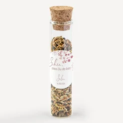 Gastgeschenk Glasröhrchen mit Korken + Aufkleber "Trockenblumen Blush"