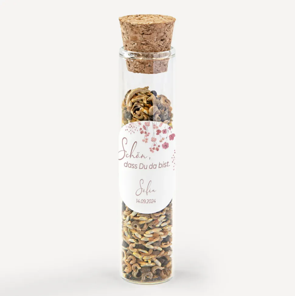 Gastgeschenk Glasröhrchen mit Korken + Aufkleber "Trockenblumen Blush"