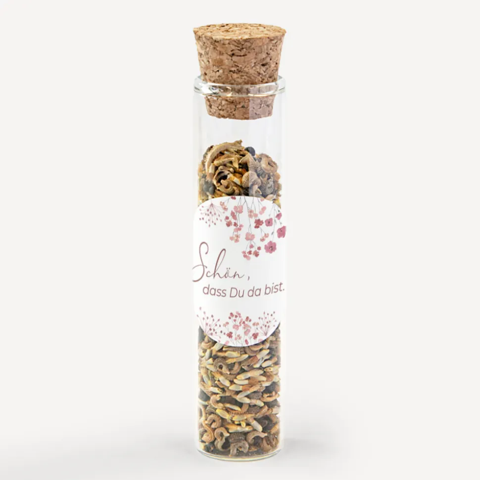 Gastgeschenk Glasröhrchen mit Korken + Aufkleber "Trockenblumen Blush"