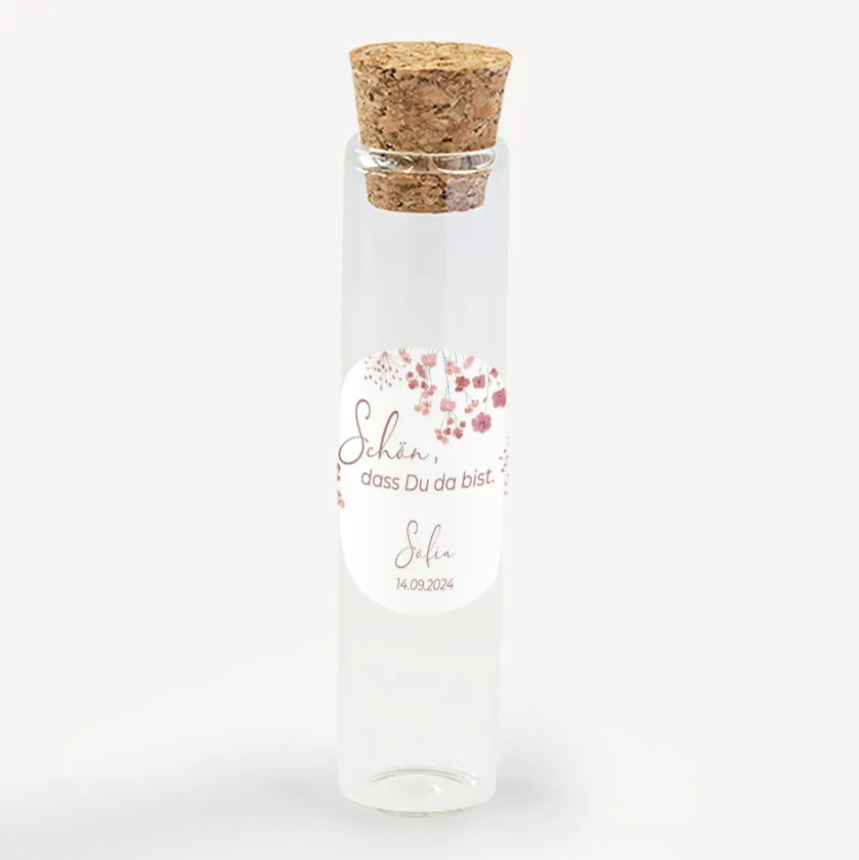 Gastgeschenk Glasröhrchen mit Korken + Aufkleber "Trockenblumen Blush"