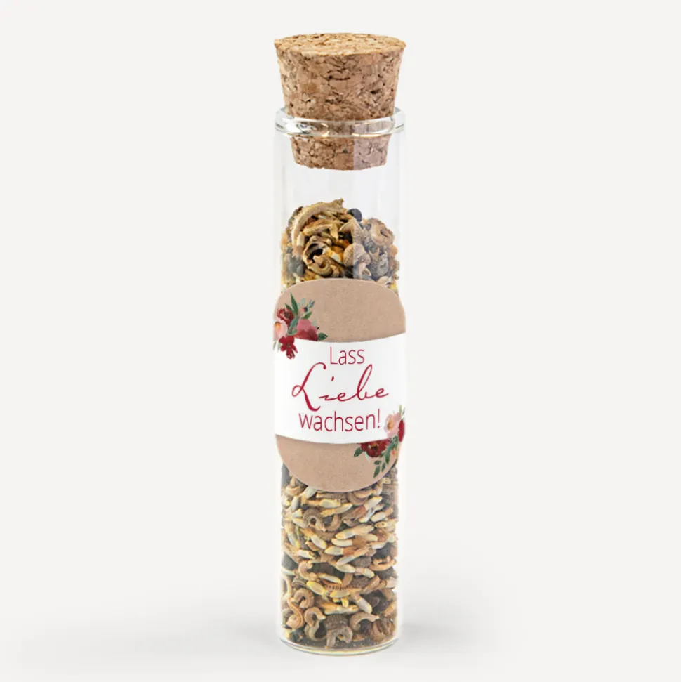 Gastgeschenk Glasröhrchen mit Korken und Aufkleber "Vintage rote Blumen"