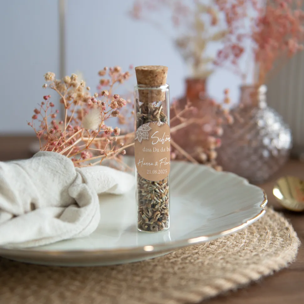 Gastgeschenk Glasröhrchen mit Korken und Aufkleber "Vintage Spitze"