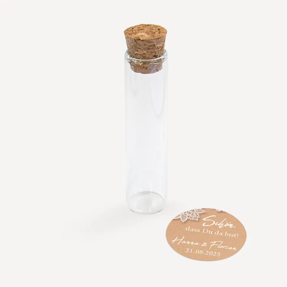 Gastgeschenk Glasröhrchen mit Korken und Aufkleber "Vintage Spitze"