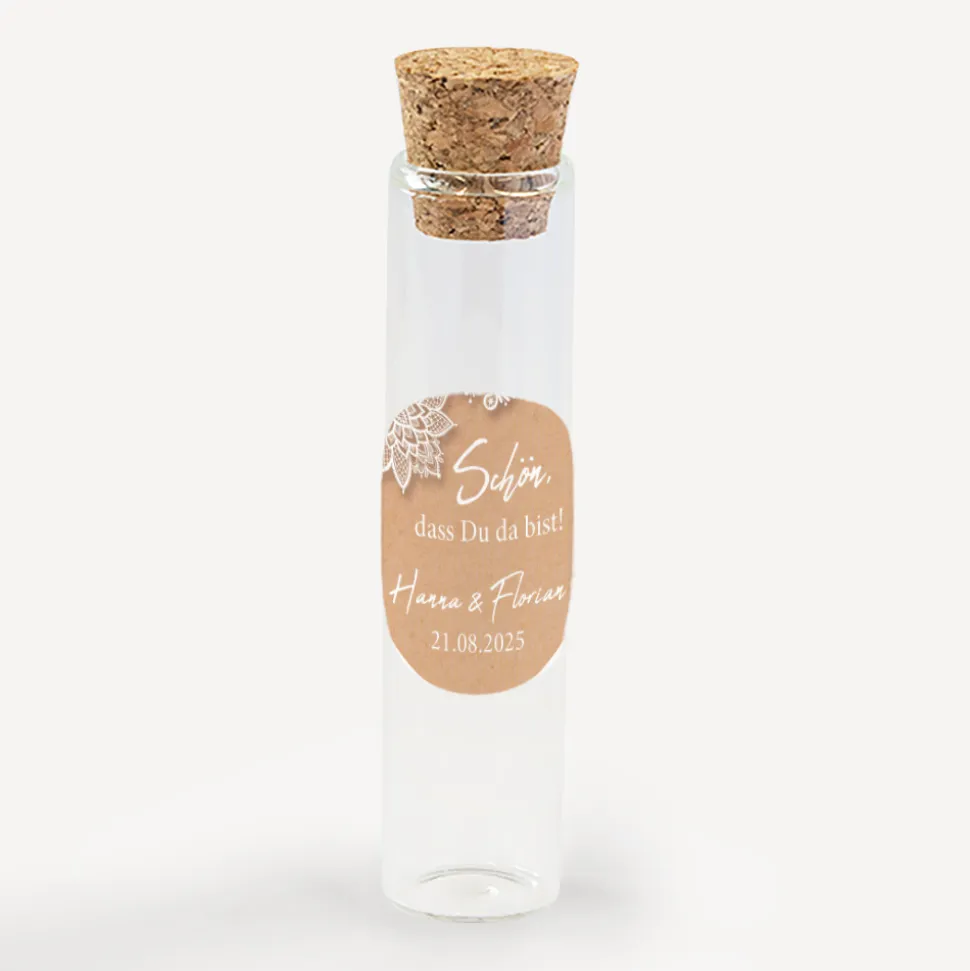 Gastgeschenk Glasröhrchen mit Korken und Aufkleber "Vintage Spitze"
