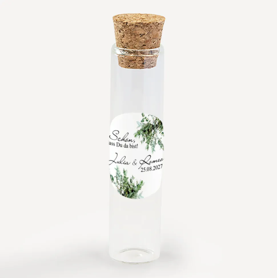 Gastgeschenk Glasröhrchen mit Korken und Aufkleber "Greenery"
