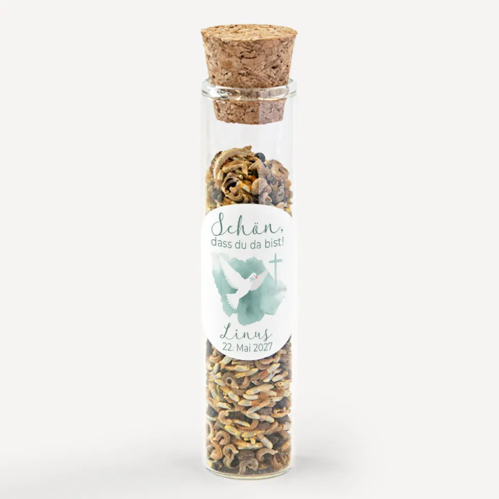 Gastgeschenk Glasröhrchen mit Korken und Aufkleber "Taube"