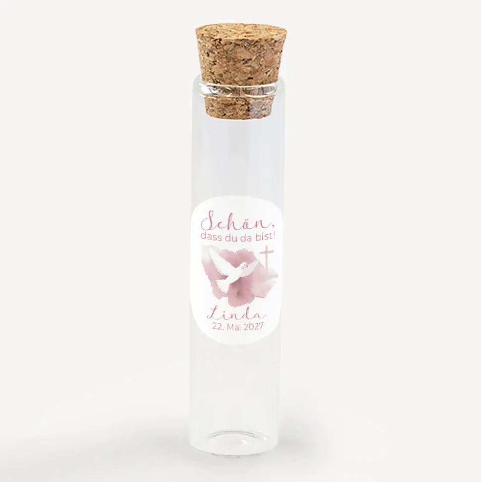 Gastgeschenk Glasröhrchen mit Korken und Aufkleber "Taube"