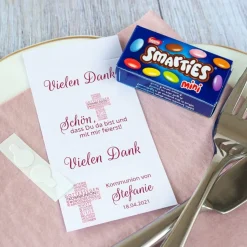 Gastgeschenk Kommunion Mädchen SMARTIES mini + Banderole Kreuz Modern