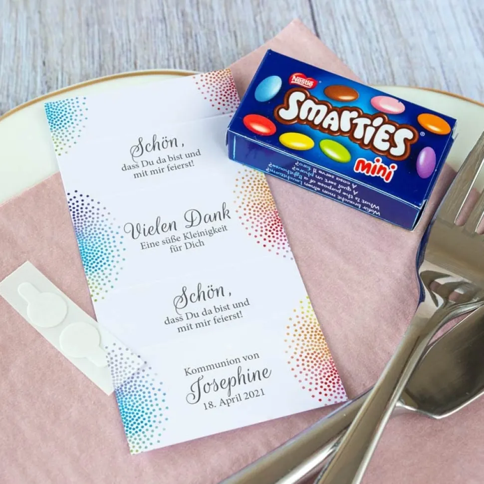 Gastgeschenk Kommunion SMARTIES mini + Banderole Regenbogen Kreis modern