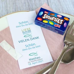 Gastgeschenk Konfirmation Junge SMARTIES mini + Banderole Liebe Glaube Weisheit