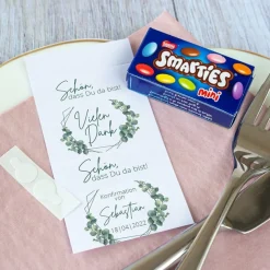 Gastgeschenk Konfirmation Junge SMARTIES mini + Banderole "Eukalyptus Geometrie"