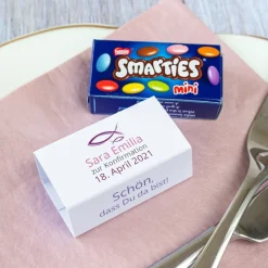Gastgeschenk Konfirmation Mädchen SMARTIES mini + Banderole Liebe Glaube Weisheit