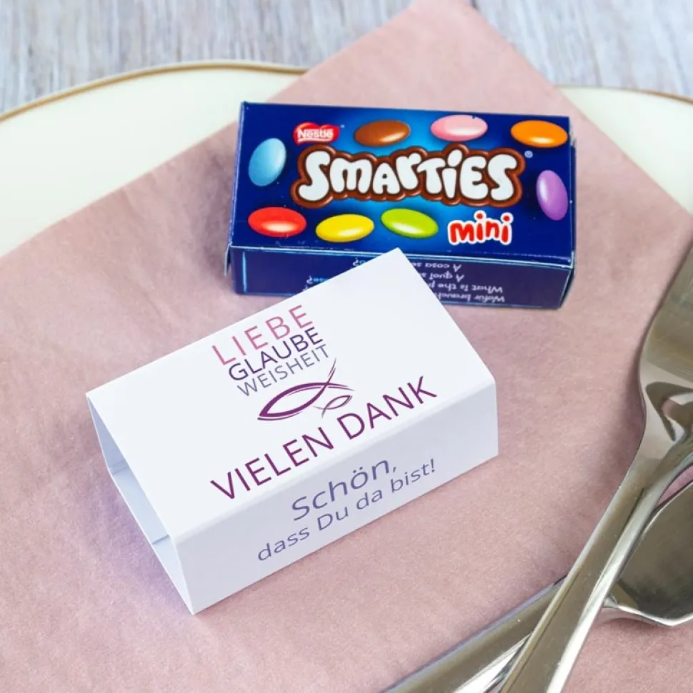 Gastgeschenk Konfirmation Mädchen SMARTIES mini + Banderole Liebe Glaube Weisheit