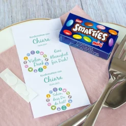 Gastgeschenk Konfirmation SMARTIES mini + Banderole Moderne Symbole