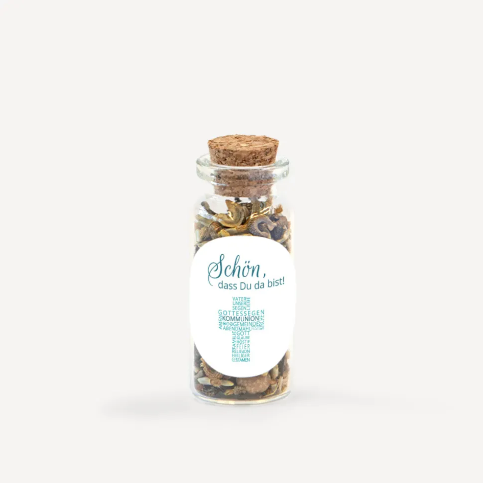 Gastgeschenk Mini Glasröhrchen mit Aufkleber Kommunion Junge "Kreuz Modern"