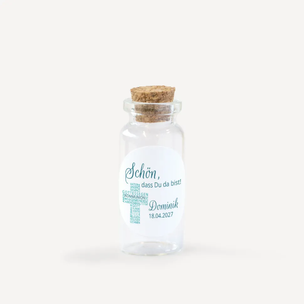 Gastgeschenk Mini Glasröhrchen mit Aufkleber Kommunion Junge "Kreuz Modern"