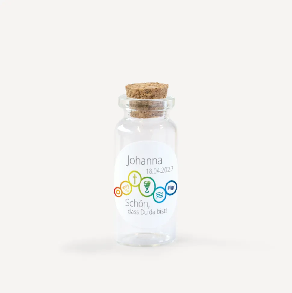 Gastgeschenk Mini Glasröhrchen mit Aufkleber "Regenbogen Symbole"