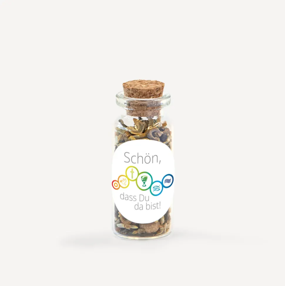 Gastgeschenk Mini Glasröhrchen mit Aufkleber "Regenbogen Symbole"