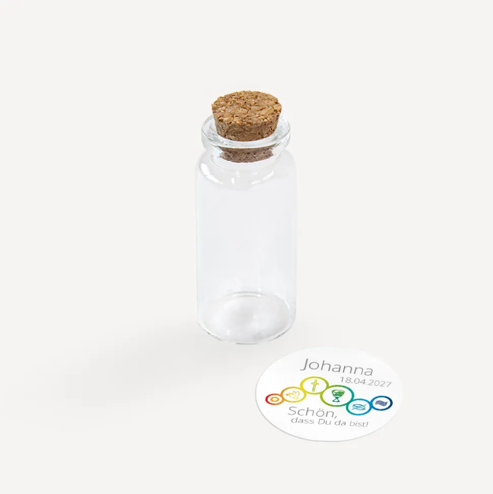 Gastgeschenk Mini Glasröhrchen mit Aufkleber "Regenbogen Symbole"