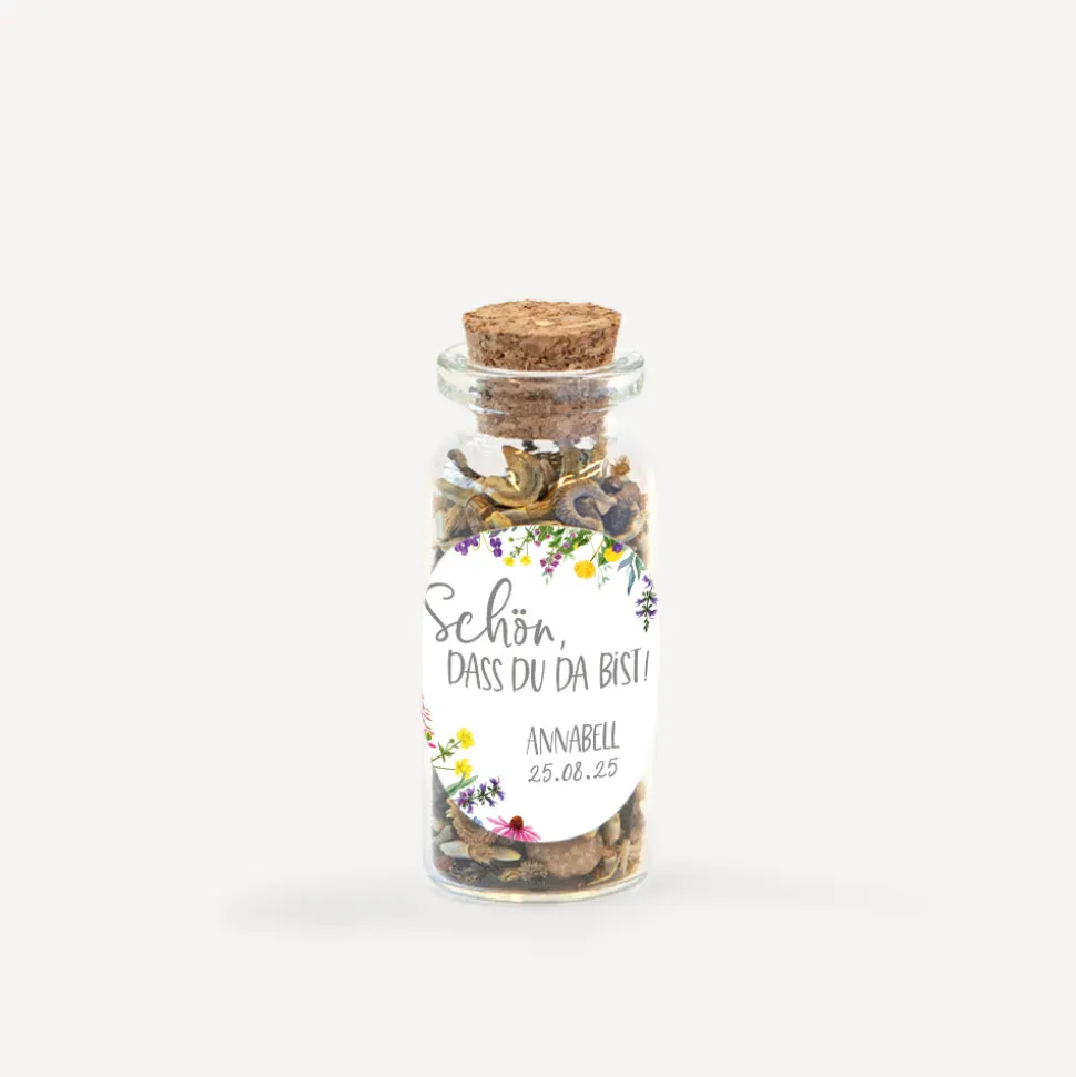 Gastgeschenk Mini Glasröhrchen mit Aufkleber "Wildblumen"
