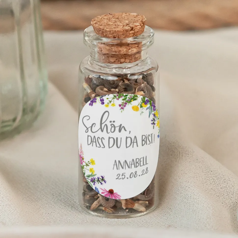 Gastgeschenk Mini Glasröhrchen mit Aufkleber "Wildblumen"