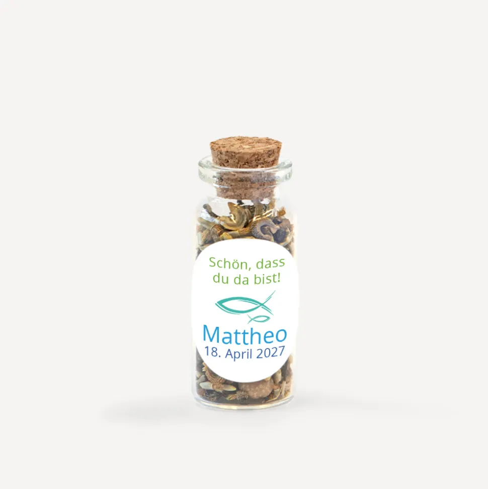 Gastgeschenk Mini Glasröhrchen mit Aufkleber Junge "Liebe Glaube Weisheit"